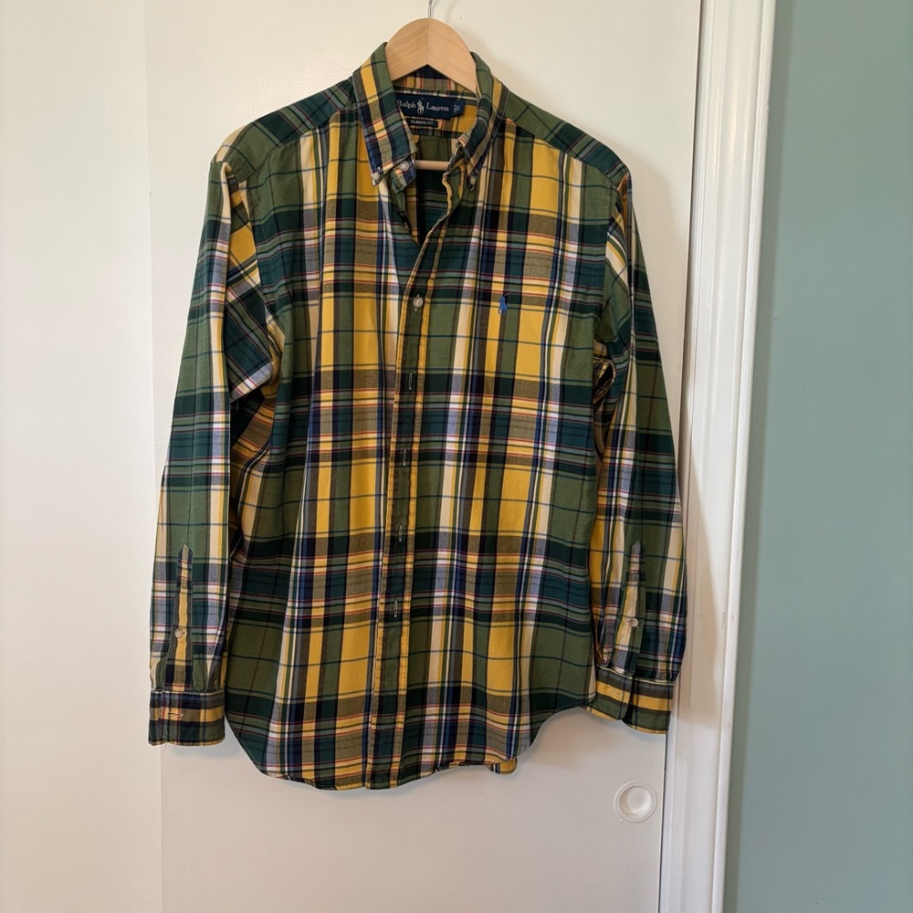 Ralph Lauren Green and Yellow Plaid Men's Shirt Lg